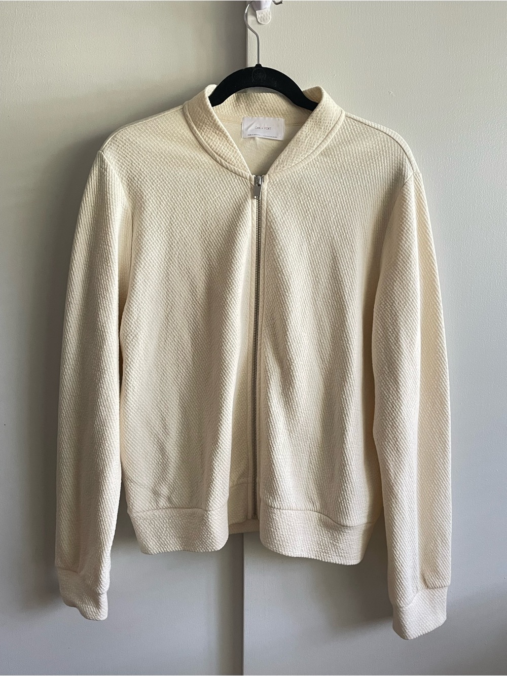 OAK + FORT Textured Knit Zip-Up Bomber Jacket in Cream / Off-White